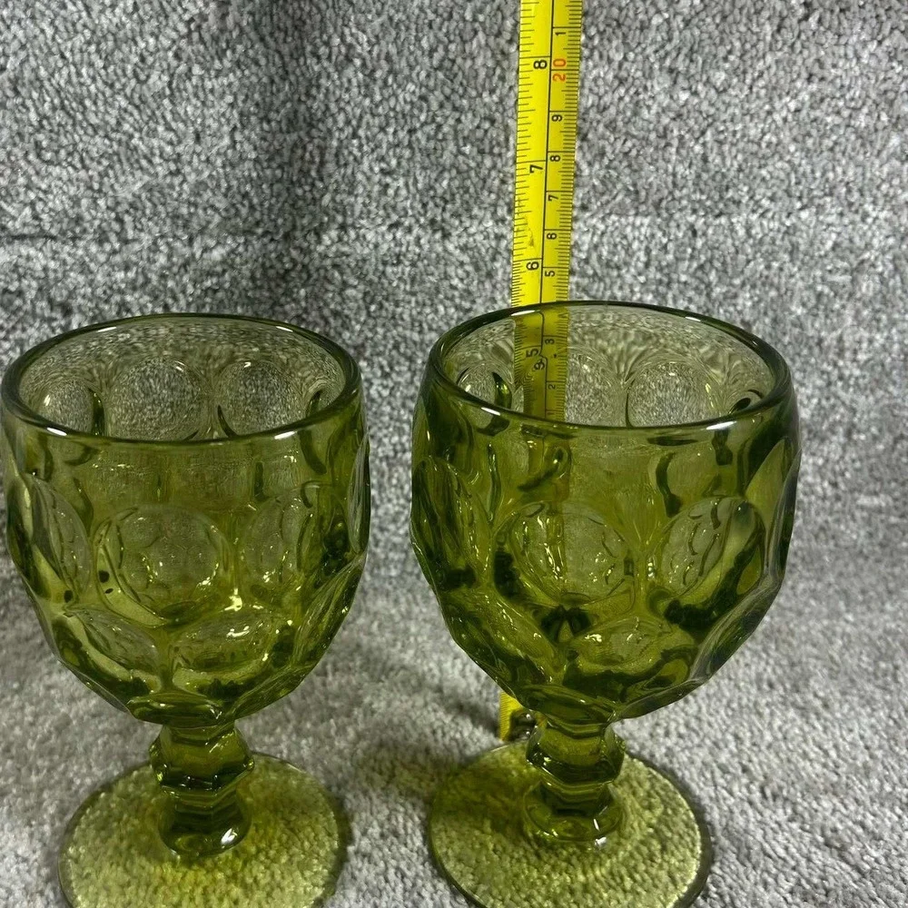 Vintage Imperial Glass Provincial Avocado Green Thumbprint Water Goblets